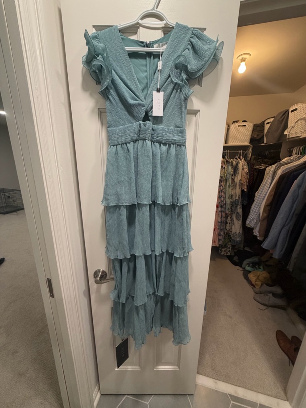 Astr Tiered Ruffle Maxi Dress in Dusty Teal